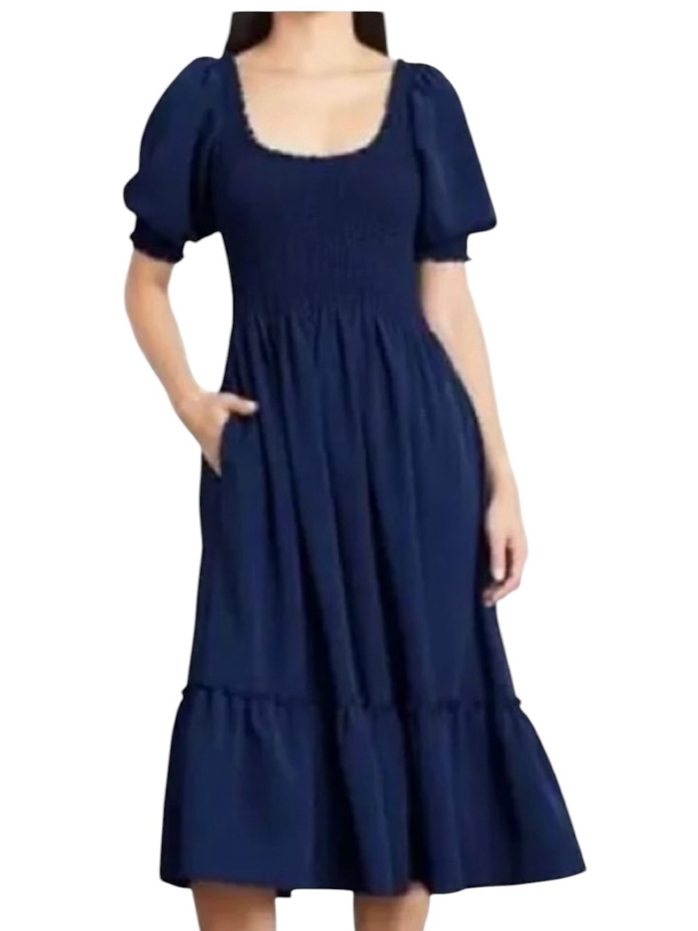 Hill House The Louisa Nap Dress Navy Puff-Sleeve Midi Pockets Large NWT
